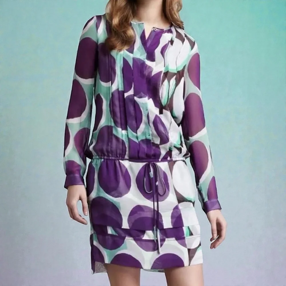 Diane Von Furstenberg Silk Mini Dress Purple Mint Retro Dot Drop Waist Size 8 - Picture 1 of 16